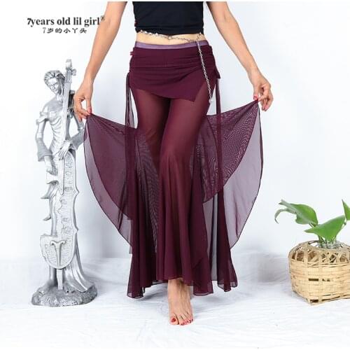 Transparent Thin Tribal Flare Pants With Mini Dkirt Fusion Belly Dance Clothes