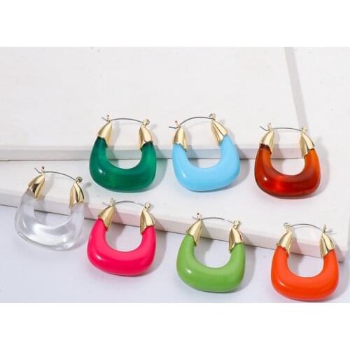 Minar Exaggerated Red Color U Shape Resin Earrings for Women Retro Gold Color Alloy Geometric Arcylic Hoop Earrings Pendientes