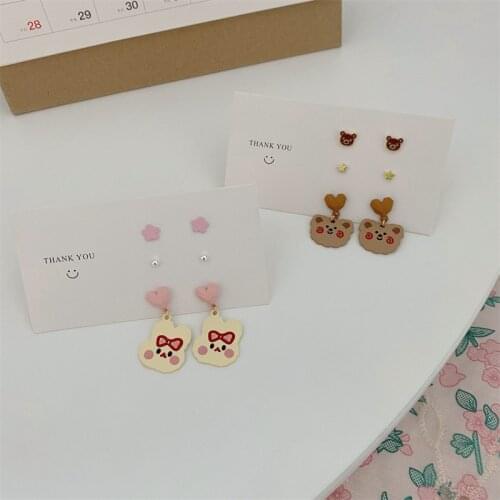 Fashion S925 Geometric Cute Bear Earrings Five-Pointed Star Love Earrings Bear Girl Earrings Cartoon Cute Rabbit Earrings Tide