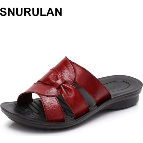 SNURULANWomen Slippers Shoes Genuine Leather Casual Slides Women Summer Shoes Retro Solid Mother Shoes Wedges Flip FlopsE625