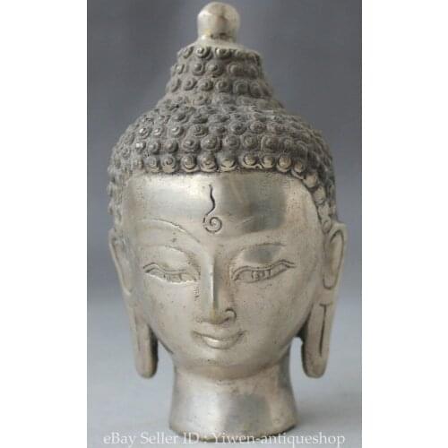 Old 4" Tibetan Buddhism Silver Shakyamuni Amitabha Buddha Head Bust Garden Decoration 100% real Tibetan Silver Brassroom Art