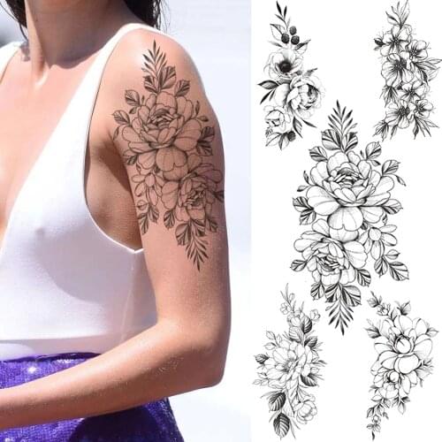 Black Daisy Fake Temporary Tattoos For Women Sunflower Bloosom Peony Tattoo Lily Sweat Pea Leaf Waterproof Tatoo Snowdrop Chests