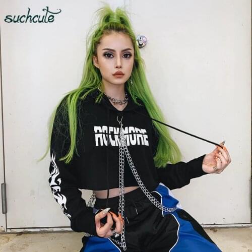 SUCHCUTE Metal Chain Women Hoodies Black Causal Basic Autumn 2019 Longslive Gothic Streetwear Hoodie Female Punk Bluzy Damskie