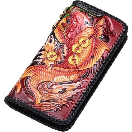High-grade Handmade Genuine Leather Wallets Chinese Carving Carp Bag Purses Women Men Clutch Vegetable Tanned Leather Wallet