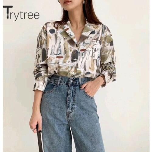 Trytree Spring Summer Women Blouse Geometric fashion Oil painted V-neck top Casual shirts Full Sleeve Polyester Chic Shirt Tops
