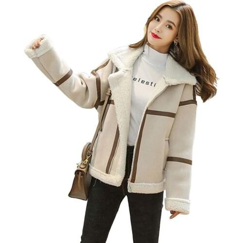 Women Autumn winter Luxury clothes Korea Short Top new plus velvet thickened suede fur coat female lambswool Motorcycle clothing