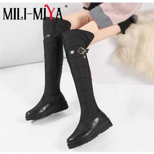 MILI-MIYA Waterproof Women Snow Boots Cow Leather Down Cloth Over-The-Knee Comfortable Wedges Non-Slip Sole Plus Size 34-44