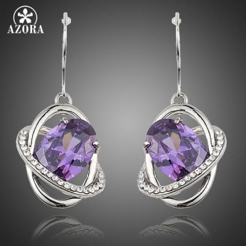 AZORA Lastest Design Gorgeous Egg Shape Purple Cubic Zirconia Halo Drop Earrings For Women TE0189