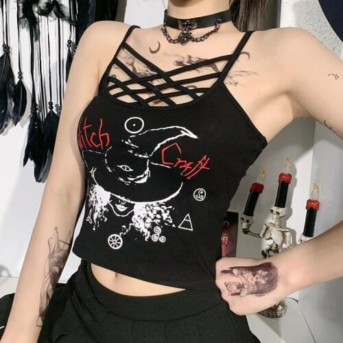 Sexy Hollow Out Punk Camisole Black E-girls Witch Craff Camis Goth Cut Out Backless Women Top Harajuku Print Bodycon Summer Tops