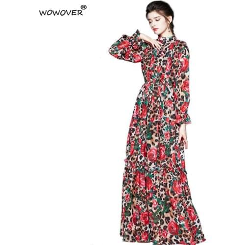 Elegant Woman Long Sleeve Floral Leopard Print Chiffon Maxi Party Dress Bohemian Beach Robe Vintage Spring Summer Vestidos
