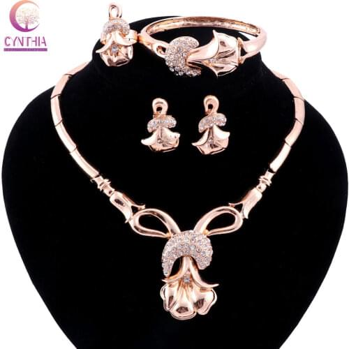 African Gold Color Crystal Jewelry Sets Collar Statement Necklace Earrings Bracelet Rings For Women Vintage Party Accessories