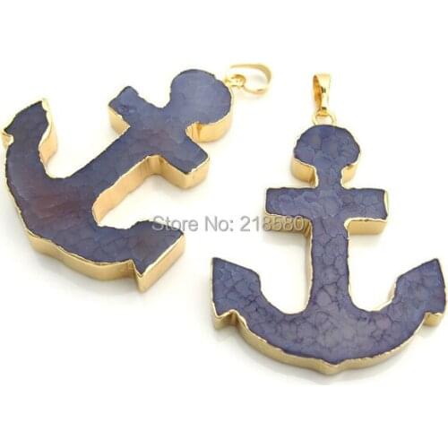 C150109005 Purple Yellow Agates Stone Anchor Charm Pendants with Gold Electroplated approx 2inch