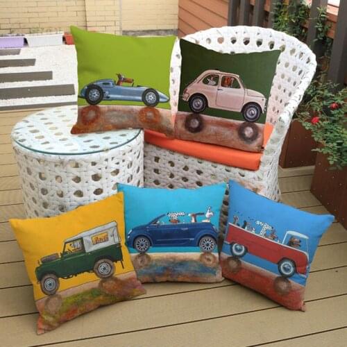 Cartoon Old Car And The Funny Dog Driver Dalmatian Pattern Pillow Case Cute Puppy Home Sofa Decorative Cushion Cover 45x45cm
