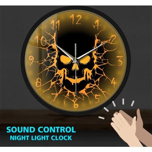 Skull with Crack Hole Metal Frame LED Wall Clock Sound Control Non Ticking Gothic Birth of a Demon Clocks Halloween Home Decor