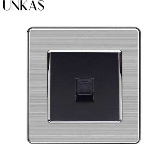 UNKAS 1 Gang RJ11 2 Core Telephone Connector Luxury Wall Socket Outlet Stainless Steel Brushed Silver Frame Panel