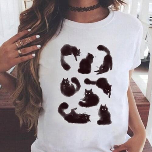 Women t-shirts Summer Cats Cartoon Print Fashion Short Sleeve Ladies tshirts Female Tees Graphics O-neck streetwear tshirt femme