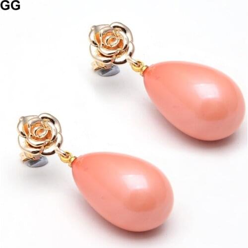 GG Jewelry 25MM Natural Peach Pink South Sea Shell Teardrop Dangle Earrings Gold Color Plated Flower Stud For Women Jewelry