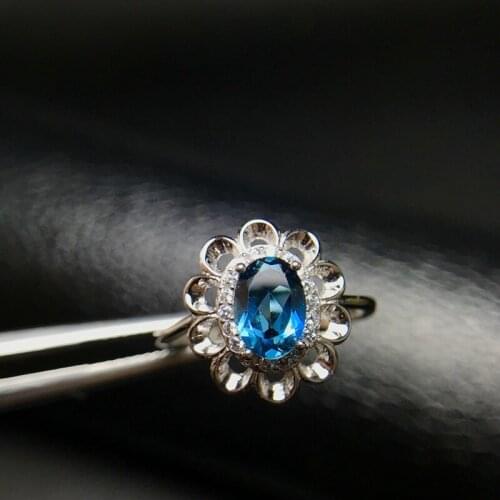 SHIQING Nature blue topaz simulation flower 925 sterling silver rings for woman