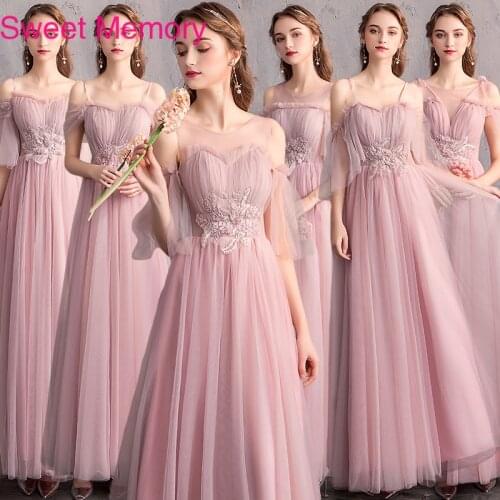 Sweet Memory Robe De Soiree Elegant Pink Grey Long Bridesmaid Dresses Floor Length Tulle Bride Sisters Wedding Party Dress