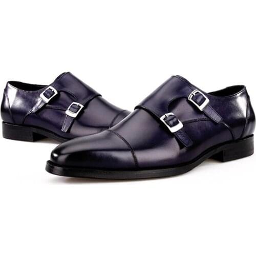 Fashion Black / Blue Double Monk Strap Business Shoes Genuine Leather Mens Wedding Dress Shoes