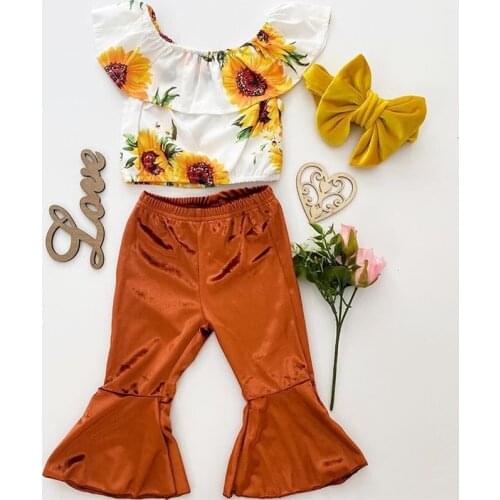 Fashion Sunflower Outfits Summer Baby Girl Clothes Print Off-the shoulder Sleeveless T-shirt and Flare Trousers Suit 1-5 Years