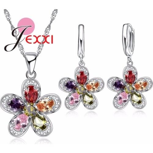 Fashion 925 Sterling Silver Colorful Hollow Flower Pendant Necklace Earrings Set Austrian Crystal Women Party Jewelry