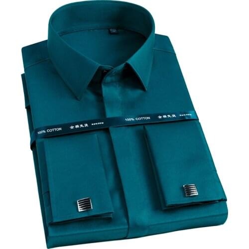 100% Cotton Mens French Cuff Tuxedo Dress Shirt Long Sleeve High Collar Business Wedding Party Free Iron Hidden Button Shirt