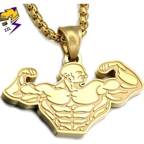 Hip Hop Gold Color Muscle Strong Man Necklace 70cm Stainless Steel Long Chains Fitness Bodybuilding Gym Pendant Necklaces Men