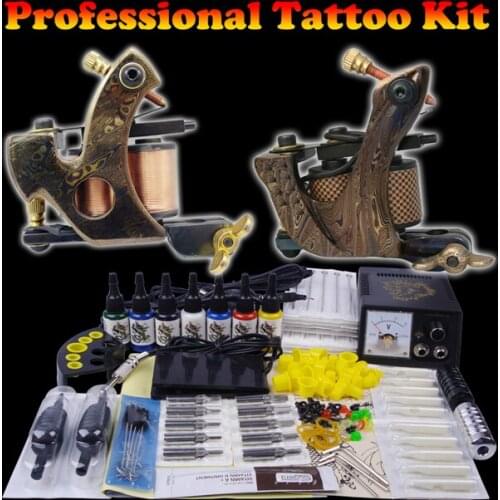 Tattoo Machine Kit 2 Guns Professional Tattoo Set Complete with Power Supply Clipr Cord Ink Grip Needles TipTattoo Supplies