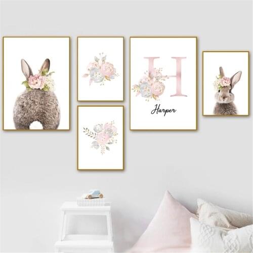 Pink Flower Canvas Art Print Baby Girls Custom Name Posters Bunny Tail Rabbit Painting Nursery Wall Art Pictures Kids Room Decor