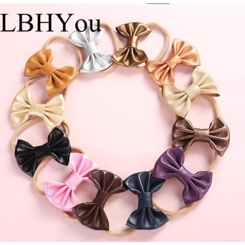 12PCS/Lot Faux Pu Leather Hand Tie Nylon Headbands,Newborn Girls Stretchy Bows Nylon Head Bands Toddler Kids Soft Head Wraps