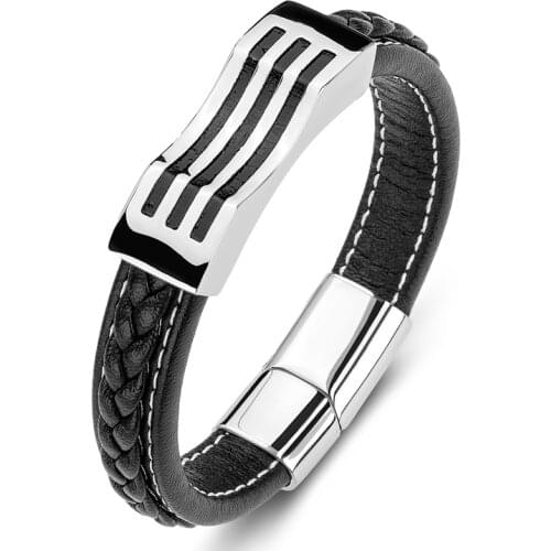 Newest Leather Hand Bracelet Men Punk Jewelry Irregular Geometric Stripes Stainless Steel Fashion Bangles Male Wrist Bands P014