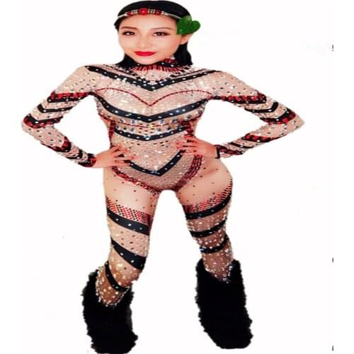 D65 Sexy female printed bodysuit Rhinestone stripe Tight jumpsuit bar performance dance costumes singer wear outfit dress disco