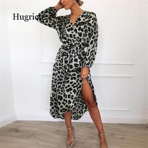 Leopard Dress 2021 Women Vintage Long Beach Dress Loose Long Sleeve V-neck A-line Sexy Party Dress