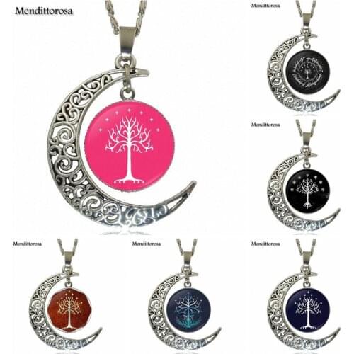 For ValentineS Day Gift Jewelry With Silver Plated Glass Cabochon Crescent Moon Choker Long Pendant Necklace Lotr White Tree