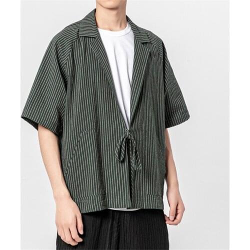 Haori Cotton Linen Shirt Men Streetwear Outfit Kimono Yukata Short Sleeve Cardigan Samurai Japan Male Harajuku Vintage Stripe