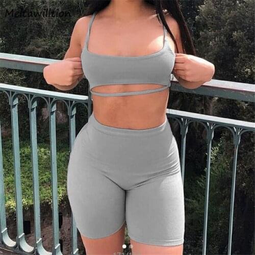 Sexy Hollow Out Short Two Piece Set Crop Tops And Jogging Shorts Bodycon Sets 2020 Summer Sporty Outfit Yoga Tracksuits