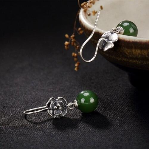 Silver Inlay Hetian Jade Round Bead Flower Lady Style Ways Of High-grade Pendant Earrings Wholesale
