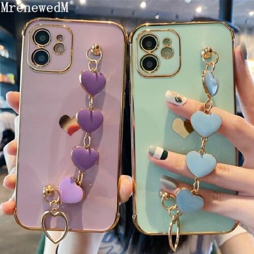 Plating Bumper Heart Bracelet Phone Case For iPhone 11 12 Max Pro X XR 7 8 Plus SE2 Candy Color Camera Silicone Protection Cover