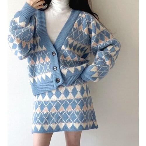 Autumn/Winter Women Knitted Sets Suits Vintage Loose Knitted Plaid Cardigan Sweater Long Sleeves & Mini Dress 2pcs Set