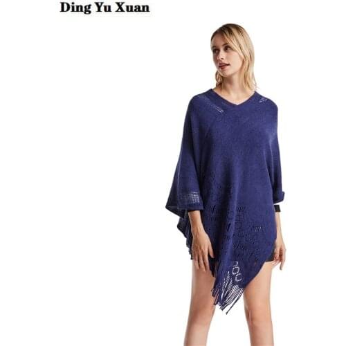 Womens Irregular Autumn Warm Pullover Sweater Women Casual Cashmere V-neck Capes Ponchos Hollow Out Tassel Knitted Top Shirts