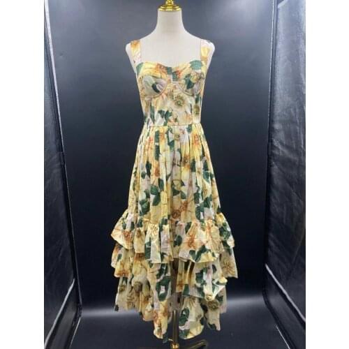 New Summer Long 2021 Dress Camellia Printed Cotton Yellow Floral Lotus Leaf Sicily Gorgeous Luxury