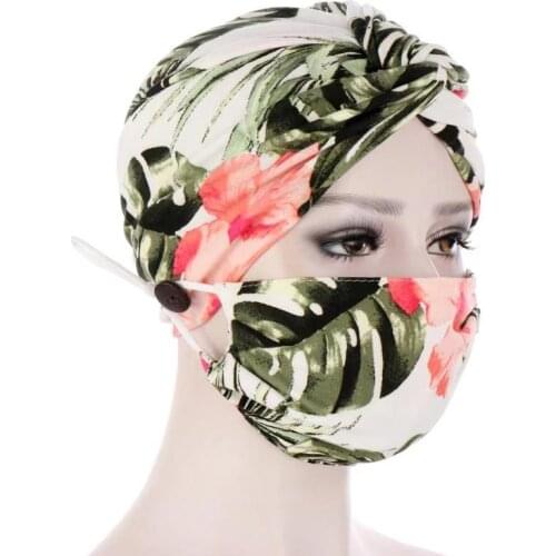 2Pcs/set Print Color Turban Head Wrap Band Knotted Scarf Bandana Cap Button Chemo Hat Bandana Hair Cap Nurse Mask Turban