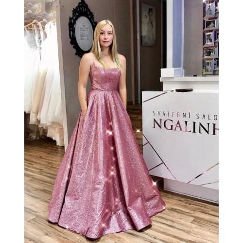 2021 Sparkly Glittery Cloth Prom Dresses with Pockets Spaghetti straps Sleeveless Long Formal Evening Party Gowns Robe De Soiree