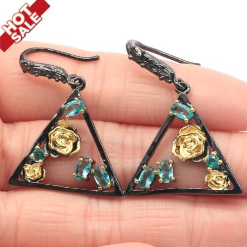 39x26mm Neo-Gothic Flowers Trangle Created Rich Blue Aquamarine Cool Black Metal Silver Earrings Pendant Jewelry Set