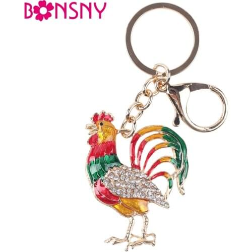 Bonsny 2016 Enamel Alloy Chicken Rooster Cock Key Chain Key Ring Pom Gift For Women Girl Bag Charm Keychain Pendant Jewelry