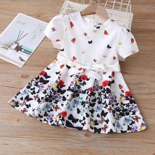 Kids Girls Floral Print Dress 2021 New Children Casual Butterfly Printed Dress White Princess Summer White Bow Dress For 2-6Y