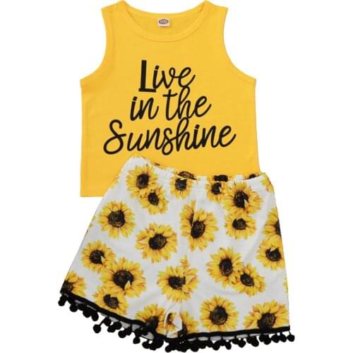 Toddler Baby Letter Sunflower Printing Two-pieces Set Infant Girls O-neck Sleeveless Tops + High Waist Short Pants Set 1-5T New