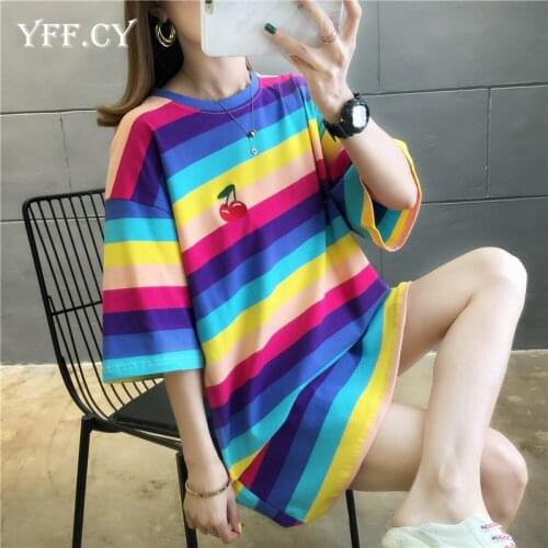 New Short Women Casual Fashion T-shirt Summer Casual Plus Size Rainbow Stripe Modis Harajuku Oversized Tees Tops Female