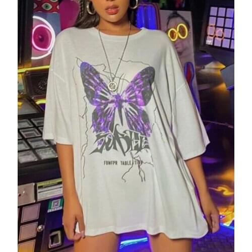 Loose Summer Women Half Sleeve Plus Size Tshirt Letter Butterfly Print Fashion Sexy Beach Top Casual Female Long Style Clothing